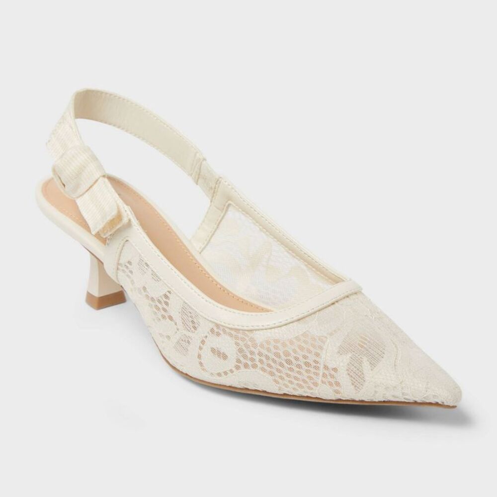 a new day Cream Lace Pointed Slingback Wedge Heels